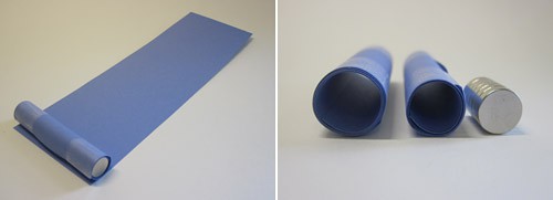 A strip of paper rolled around a paper tube to the left of a photo of two paper tubes and a stack of circular magnets