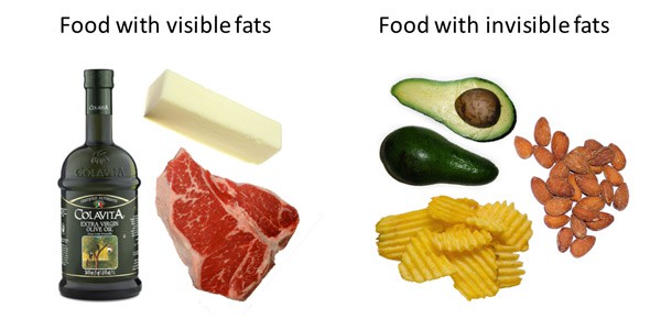 Butter, oil and steak are labeled as visible fat while avocados, almonds and chips are labeled as invisible fat
