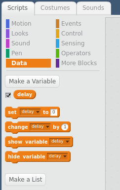 Data menu in Scratch screen shot