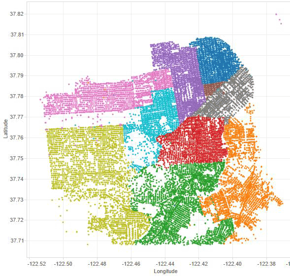 Map of San Francisco with each police district highlighted and each reported crime represented by an opaque dot