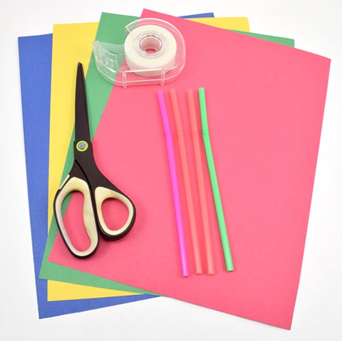 Sheets of colored construction paper, scissors, straws and a roll of tape
