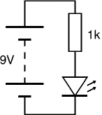 Circuit diagram of a 1000 ohm resistor, an LED and a 9 volt battery wired in series