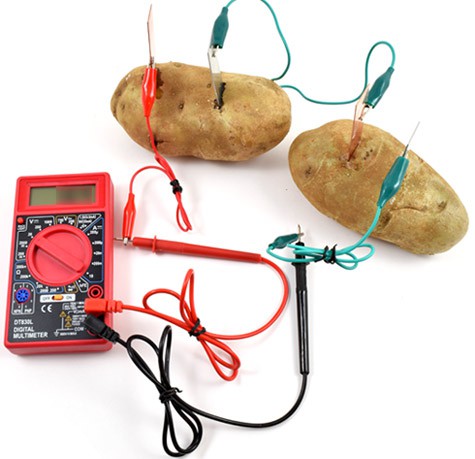 Two potatoes each with zinc and copper electrodes are wired in series with a  multimeter