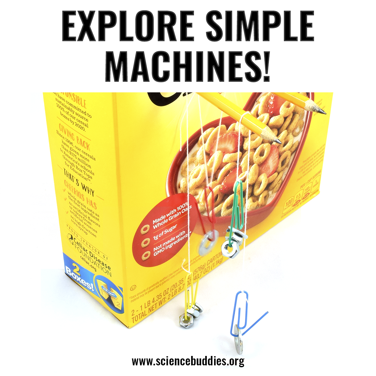 A pulley experiment with a cardboard cereal box, string, and pencils - part of Simple Machines Collection at Science Buddies