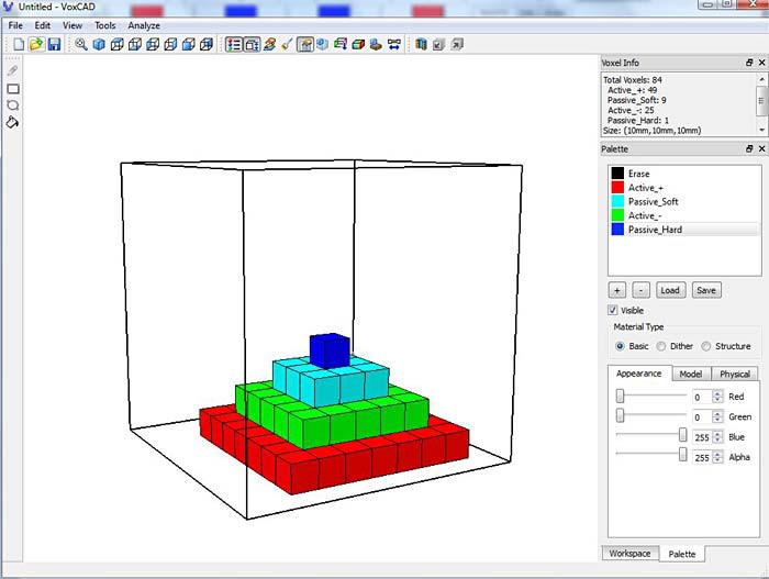 Pyramid built from multicolored blocks in the program VoxCAD