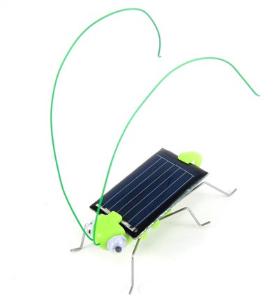 An assembled solar-powered grasshopper