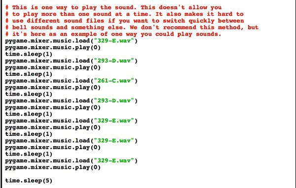 Screenshot of code for a sample Python program to play certain sounds