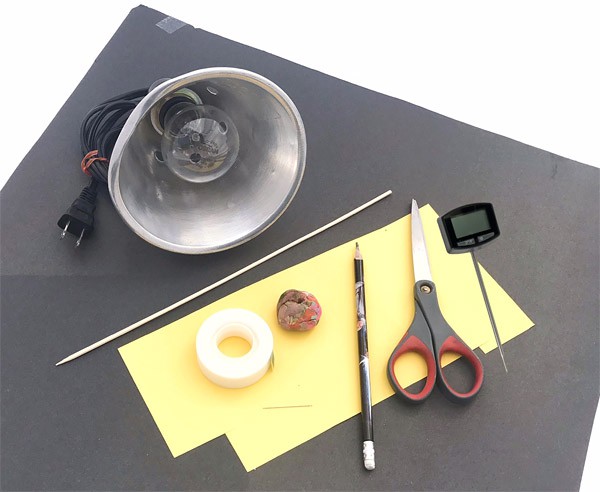 A lamp, black construction paper, scissors, pencil, thermometer, wood skewer, tape, modeling clay and strips of paper