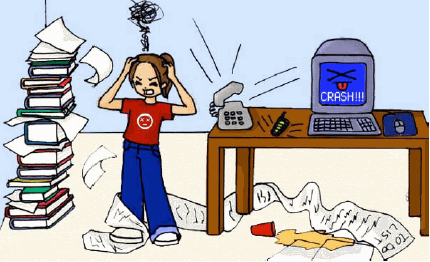 Drawing of a stressed woman in a room with a ringing phone, crashed computer, spilled drink and stack of books
