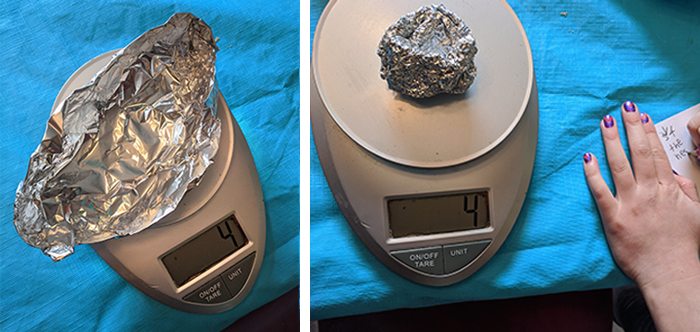 Weighing aluminum foil boats on a small kitchen scale
