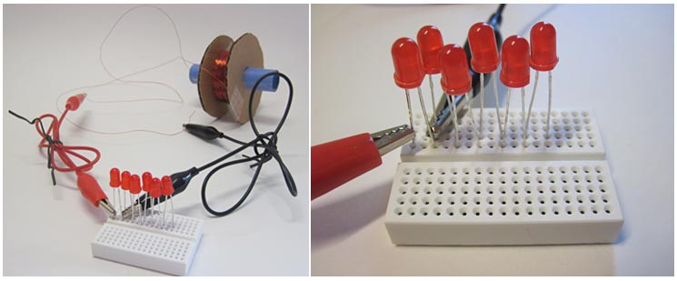 Two photos of two alligator clips connecting a spool of magnetic wire to the leads of an LED in a breadboard