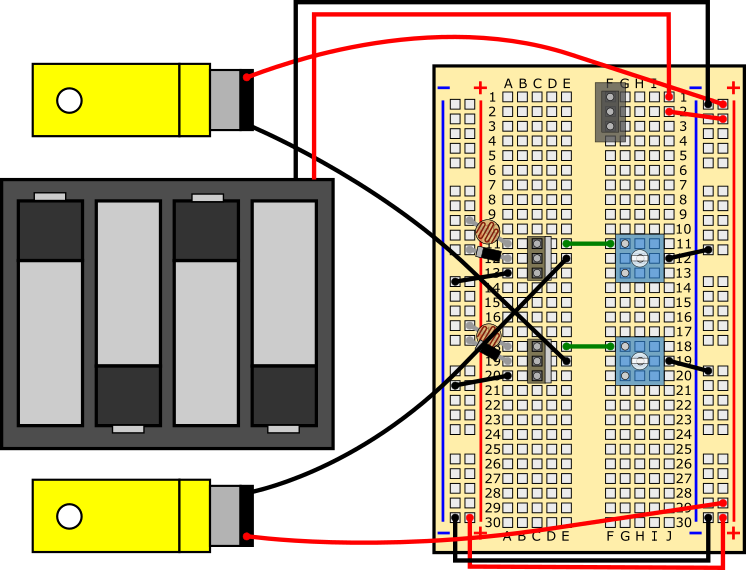 Breadboard diagram for a completed light-following robot