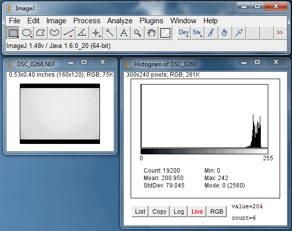 Screenshot of a histogram measuring the grey value of pixels in an image in the ImageJ program