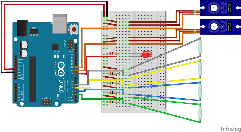 Diagram representing the connections among the Arduino, breadboard, reed switches, and servo motors. Step 2 b through g describes the connections.