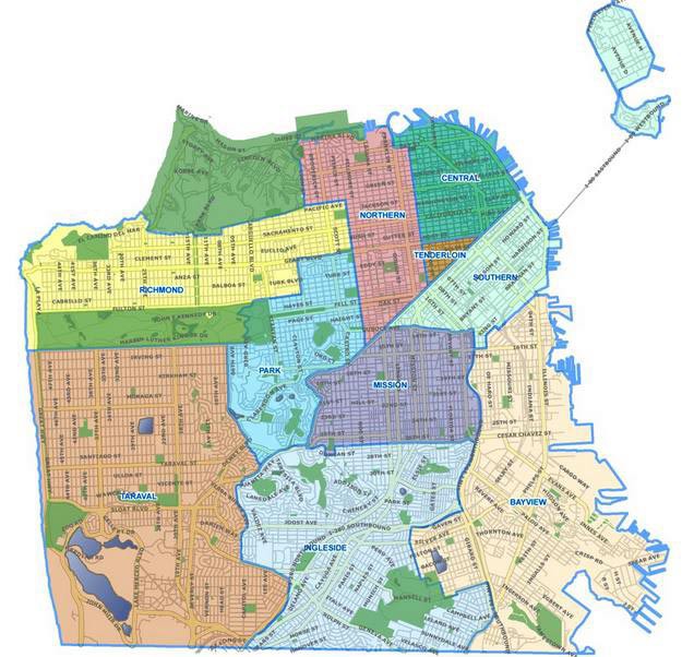 Map of San Francisco with each police district highlighted and labeled