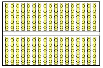 Diagram of a breadboard with each row highlighted in yellow