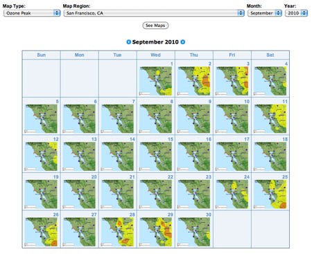 Screenshot of an ozone calendar from airnow.gov