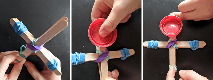 Three photos showing steps of assembling popsicle stick catapult with rubber bands and then gluing on a recycled plastic lid to make the launch basket