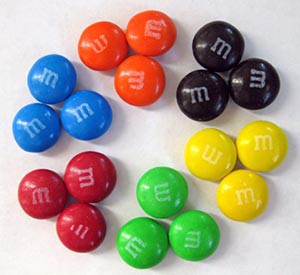 Three M&M's of each color are divided into six groups