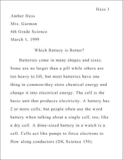 The first page of a sample research paper comparing different batteries