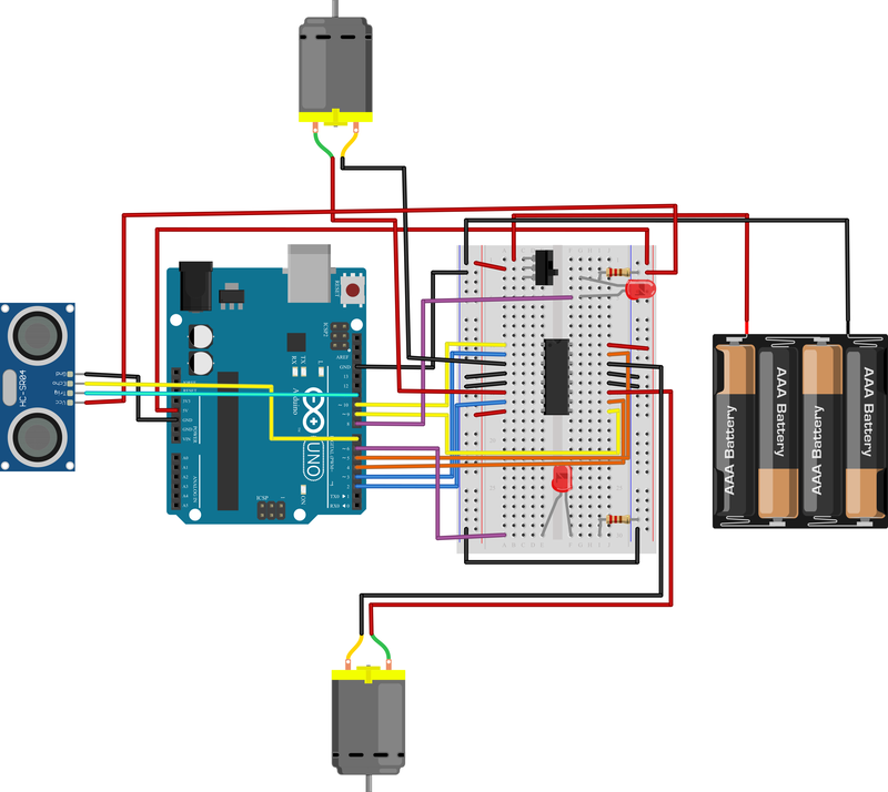 A diagram shows the connections among the Arduino, breadboard, battery pack, switch, and motors 