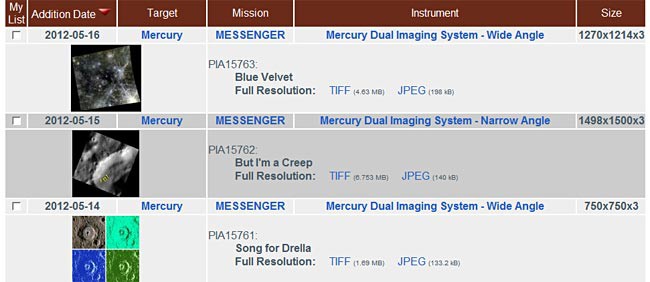 The Photojournal website lists images with information such as date added, target, mission, instrument, and image size