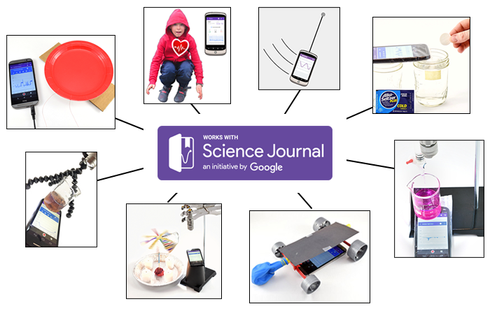 Logo for the Google Science Journal surrounded by eight photos of the Science Journal app used in experiments
