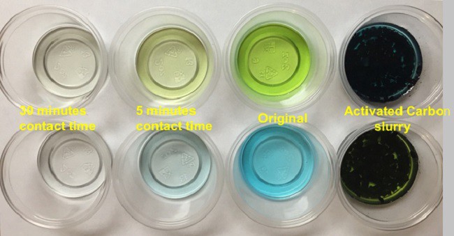 Eight plastic cups: the first two with 30 minutes contact time, the next two 5 minutes contact time, the next two the originals, and the last two the activated carbon slurry