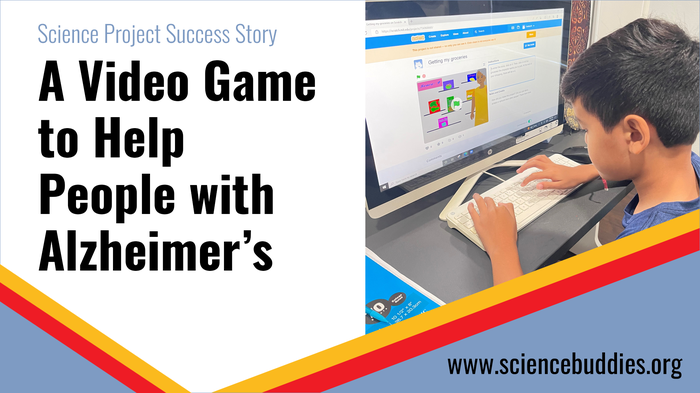 Student working at a computer on a video game for a science fair project from success story about student who created a video game to help people with memory problems for the science fair