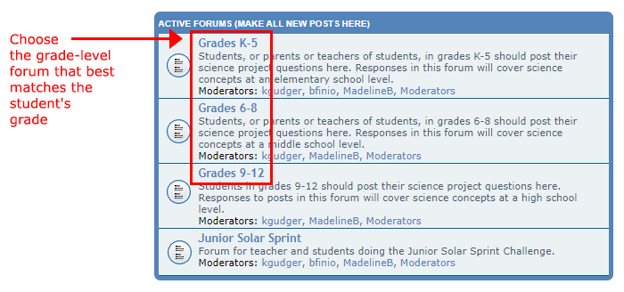 Cropped screenshot of grade specific topic posts in the Ask an Expert forum on ScienceBuddies.org