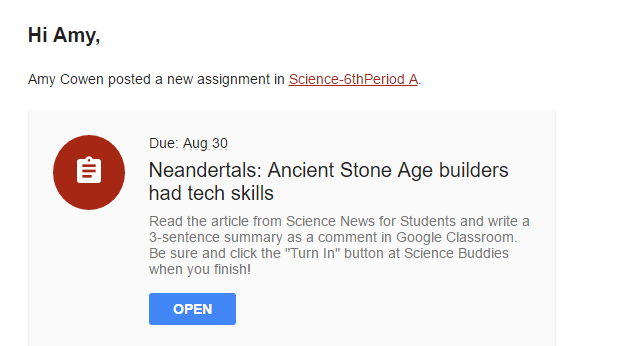 Cropped screenshot of a notification for a new assignment in Google Classroom