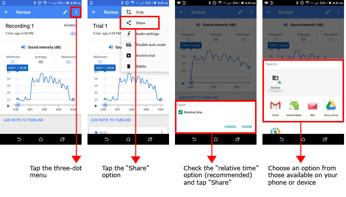 Four screenshots show a recording being exported in the Google Science Journal app