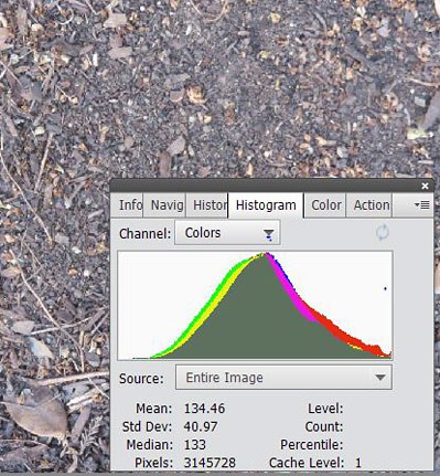 A picture of dirt with its histogram for all three (R,G, and B).