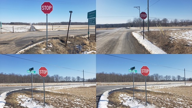 Four pictures of stop signs. Two of the pictures are of signs in different locations, and two of the pictures are of the same sign from slightly different angles.