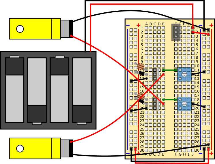 Breadboard diagram for a completed light-following robot