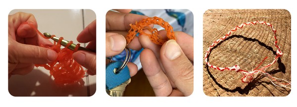 Series of three images, crocheting with algae string, key chain lanyard tied with algae string, red and white algae string bracelet