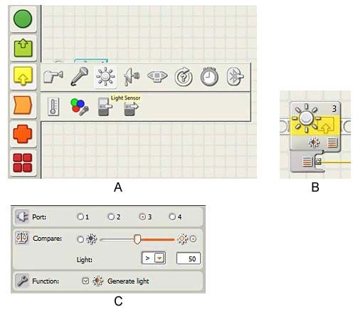 A light sensor block is selected in the LEGO NXT-G program and options for the block are displayed