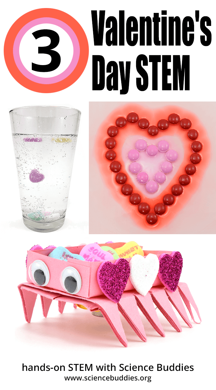 Three STEM projects for Valentine's Day, including candy hearts that dance in carbonated water, a robot decorated with craft materials to deliver candy, and colorful candy diffusion chemistry in a bowl.