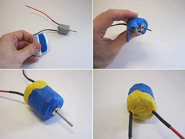 Four photos of a DC motor completely wrapped in self-setting rubber and tape