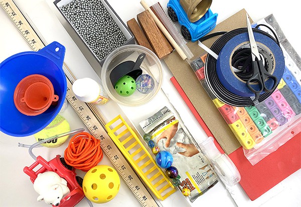 Materials for building Rube Goldberg machine