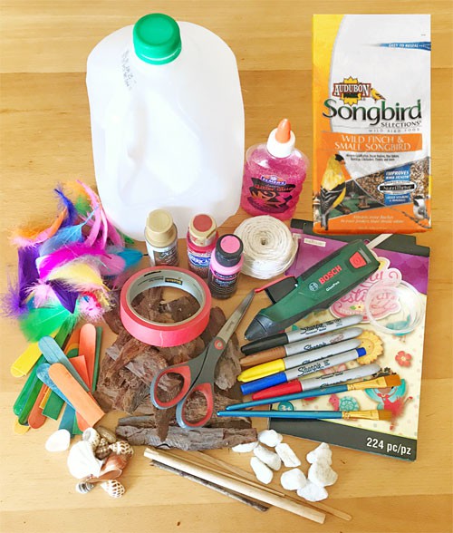 Household materials used to build and decorate a bird feeder