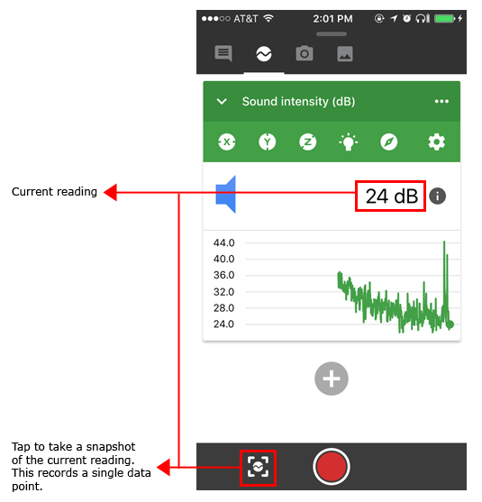 Screenshot of a snapshot button beneath a sound intensity sensor card in the Google Science Journal app
