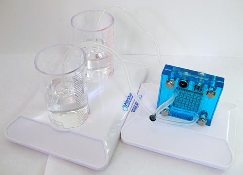 Plastic tubing from a reversible hydrogen fuel cell leads into a beaker of water