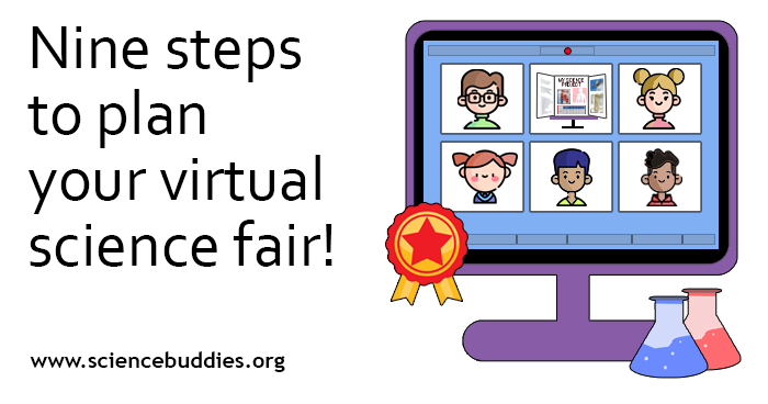 Nine steps to a virtual science fair - image of a web-meeting screen with students and a sample science project being shared