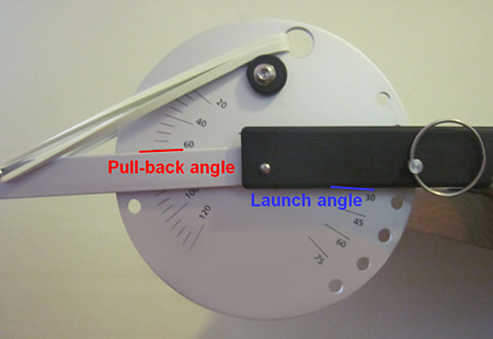 A disc connects the arm of a catapult to a base and has markings for both pull-back and launch angles