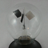 Four vanes spin on a rod inside of a glass sphere