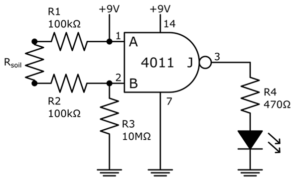 Circuit diagram for a soil moisture sensor