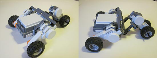 Two photos four wheels attached to three motors on an upside down NXT brick