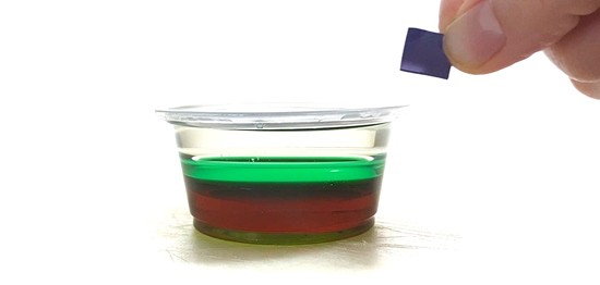 A hand is holding a small piece of rubber band next to a mini cup filled with dark corn syrup, green water, and vegetable oil.