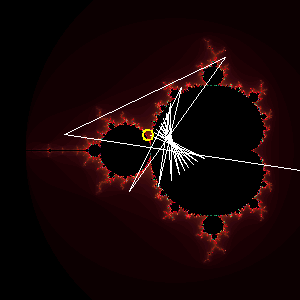 Diagram of a white line connecting different points of a fractal from a Mandelbrot set